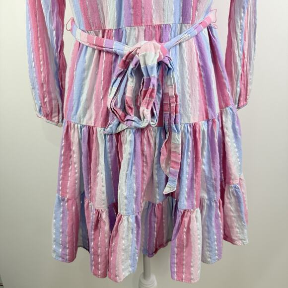 J Crew Veda Pastel Stripe Metallic Thread 100% Cotton Belted Dress Small Pockets - Picture 7 of 13